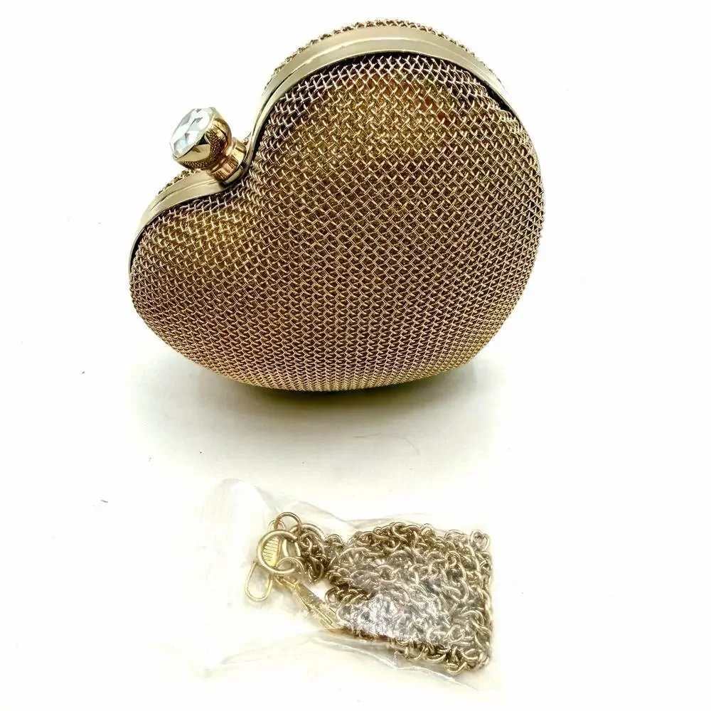 Heart Shaped Clutch Bag Gold Mesh Crossbody Small Evening Bag